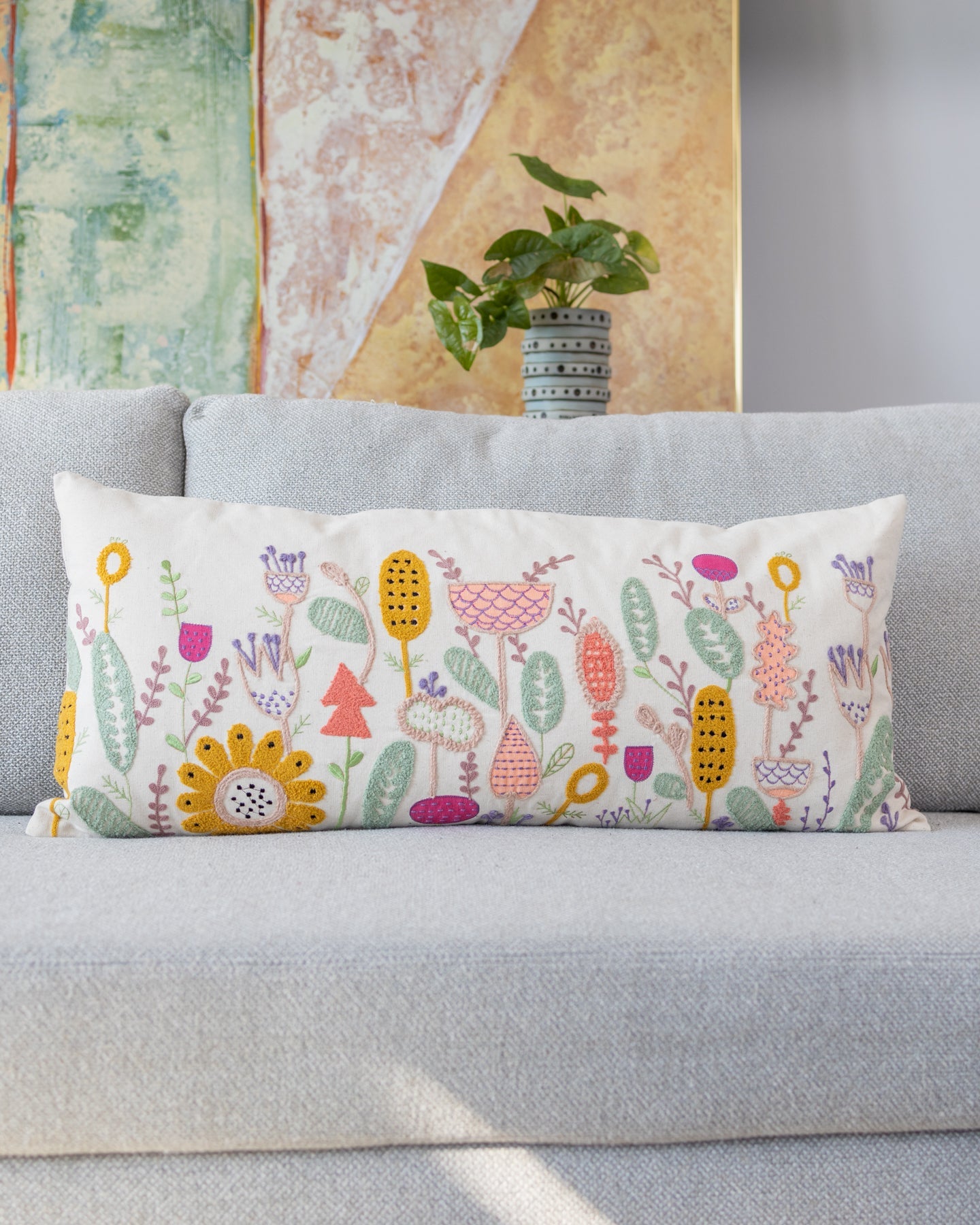 Floral Embroidered Organic Cotton Lumbar Pillow