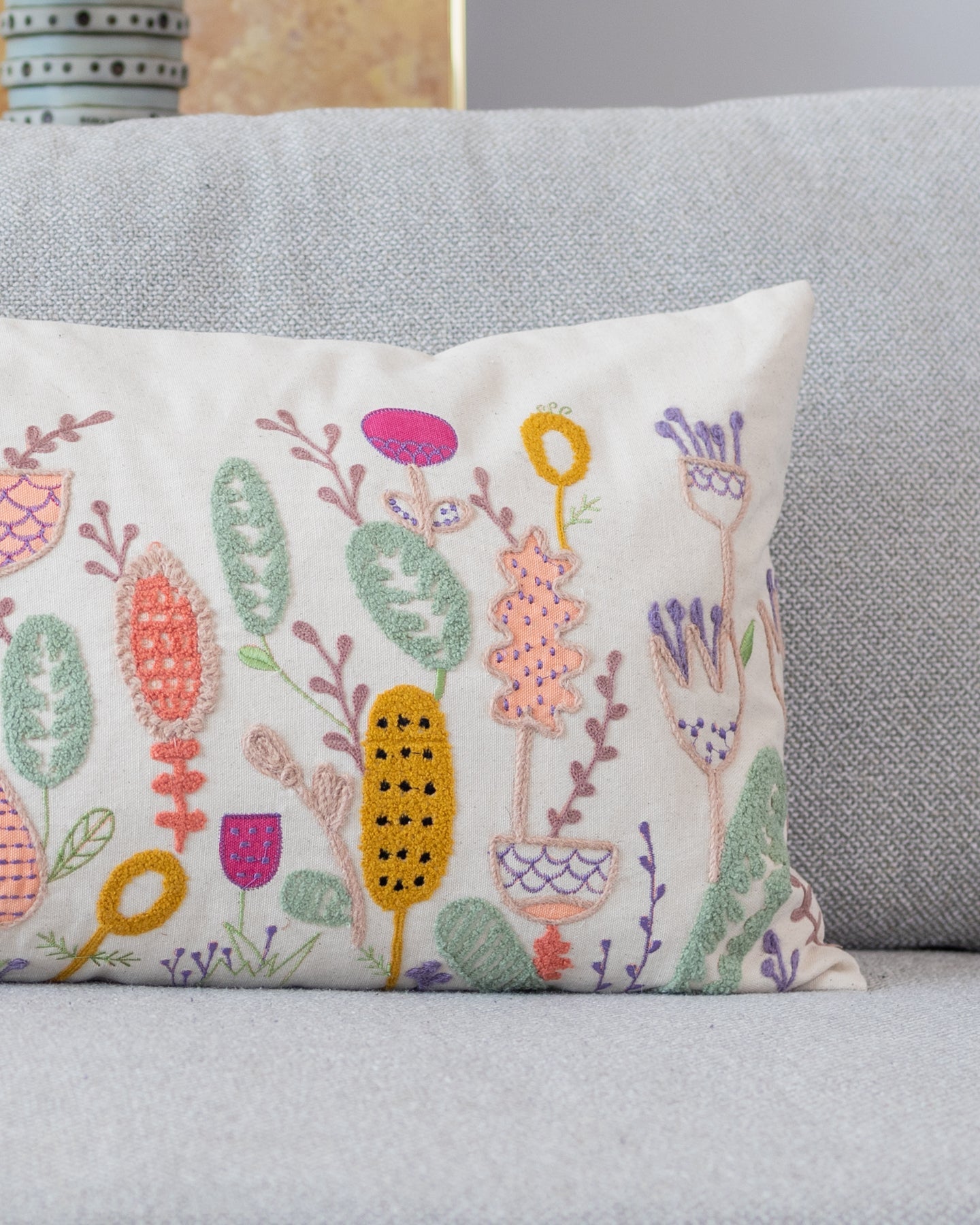 Floral Embroidered Organic Cotton Lumbar Pillow