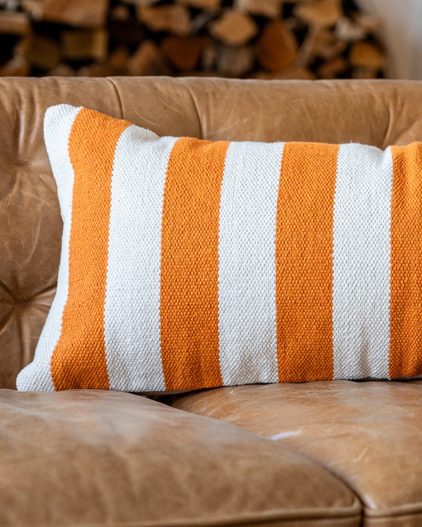 Orange Striped Organic Cotton Lumbar Pillow