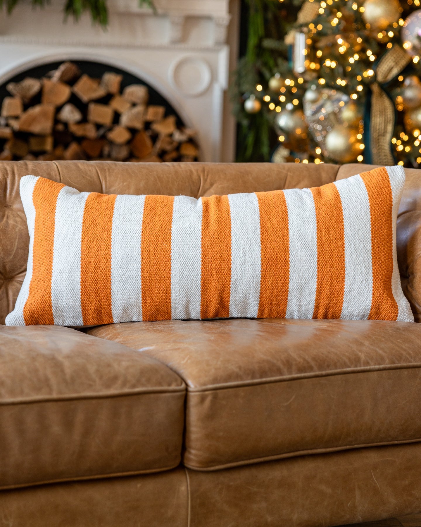 Orange Striped Organic Cotton Lumbar Pillow
