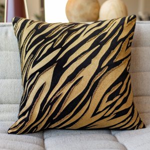 Black Striped Embroidered Gold Organic Cotton Throw Pillow