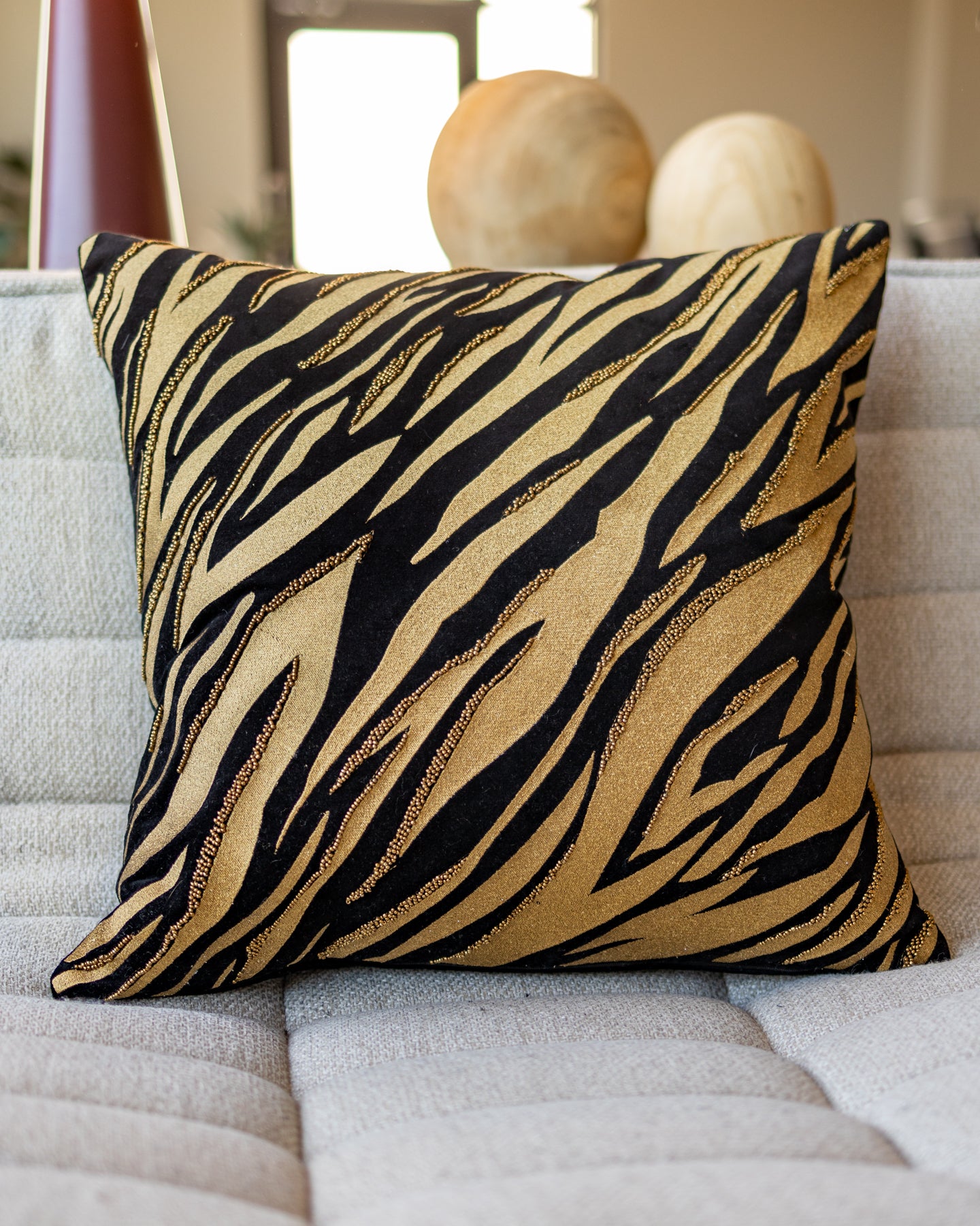 Black Striped Embroidered Gold Organic Cotton Throw Pillow